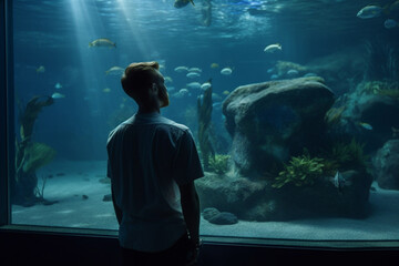 a male backpacker is watching marine life in the aquarium - weekend activities, travel life, people and creatures - obrazy, fototapety, plakaty