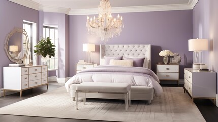 Transitional Glam-inspired Bedroom with Soft Lavender Walls and Luxe Sophistication Create a transitional glam-inspired bedroom with soft lavender walls
