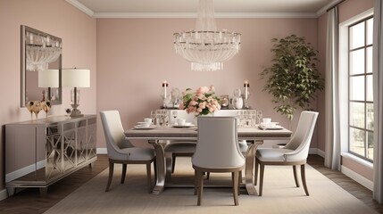 Transitional Glam-inspired Dining Room with Soft Pearl Gray Walls and Timeless Elegance Create a transitional glam-inspired dining room with soft pearl gray walls