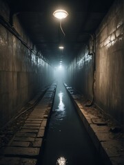 Underground foggy sewer tunnel abandoned dark scary dirty passage, noir theme from Generative AI