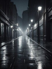 Walkway at a noir city street with rain from Generative AI