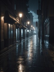 Fototapeta na wymiar Walkway at a noir city street with rain at night from Generative AI