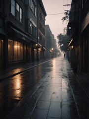 Walkway at a noir city street with rain at sunset from Generative AI