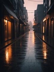 Fototapeta na wymiar Walkway at a noir city street with rain at sunset from Generative AI
