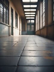 Blurred background of a old empty school walkway from Generative AI