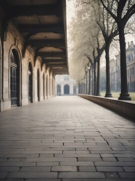 Blurred background of a old empty university walkway from Generative AI