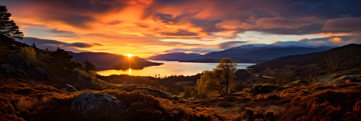 Breathtaking Highland Sunrise: A Symphony of Warm Hues and Silhouetted Terrains - obrazy, fototapety, plakaty