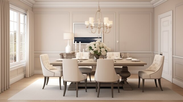 Transitional-inspired Dining Room with Soft Beige Walls and Timeless Elegance Design a timeless and elegant dining room with soft beige walls that exude warmth and sophistication
