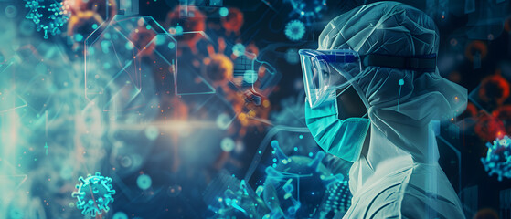 portrait of a person or doctor in a mask eith virus