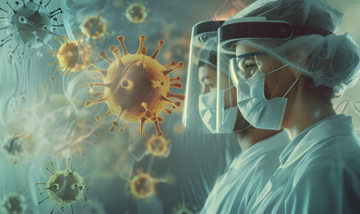 portrait of a person or doctor in a mask eith virus