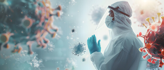 portrait of a person or doctor in a mask eith virus - obrazy, fototapety, plakaty