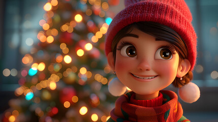 A cute cartoon girl is smiling in front of a christmas tree. generative ai 