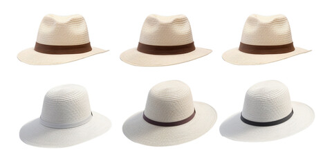 Collection of white and cream sun hat isolated on a white background as transparent PNG