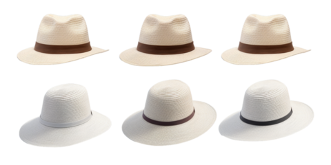 Collection of white and cream sun hat isolated on a white background as transparent PNG