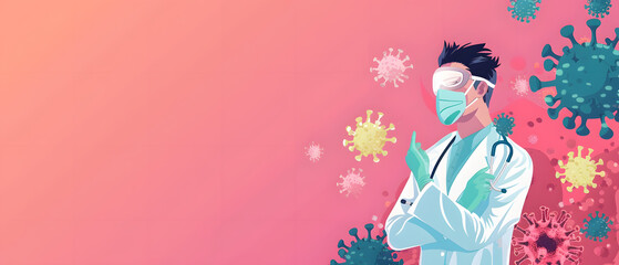 portrait of a person or doctor in a mask eith virus with free space for text