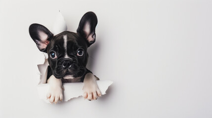 Cute French Bulldog puppy climbing through paper