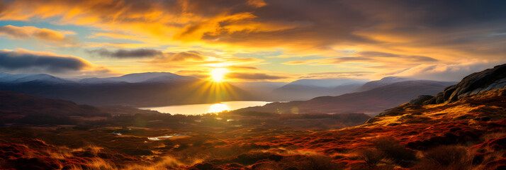 Breathtaking Highland Sunrise: A Symphony of Warm Hues and Silhouetted Terrains - obrazy, fototapety, plakaty