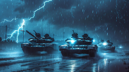 Modern tanks in a warzone at night, stormy weather - obrazy, fototapety, plakaty