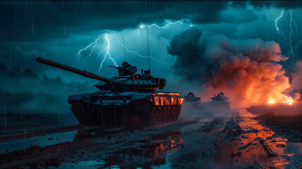 Fototapeta premium Modern tanks in a warzone at night, stormy weather