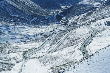 The winding mountain road on Zheduo Mountain in western Sichuan Province, China