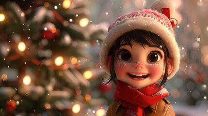 A cute cartoon girl is smiling in front of a christmas tree. generative ai 
