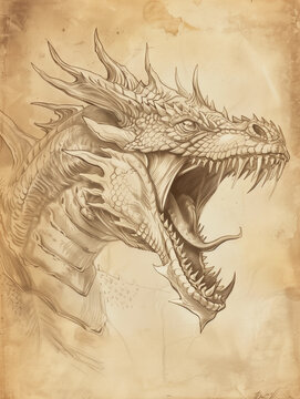 Pencil sketch of a roaring dragon on paper