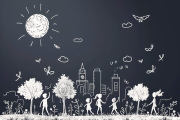 Happy family have fun with continuous white line drawing style,Draw white line of Children playing in garden