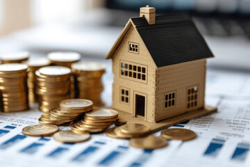 House, coin stacks, calculator, and refinance form with curved arrow around, mortgage refinance