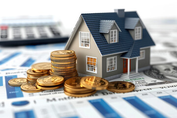 House, coin stacks, calculator, and refinance form with curved arrow around, mortgage refinance