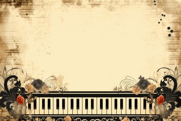 A musical theme with piano keys creating a border around the tex