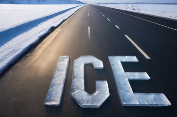 Text Ice made from ice on road