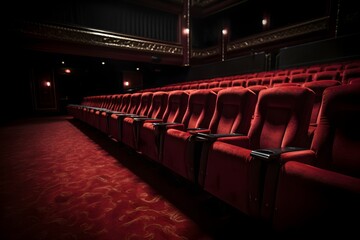 Individual red carpet seating for a movie theater. Cinematic experience, going to the movies, and the idea of purchasing tickets - obrazy, fototapety, plakaty