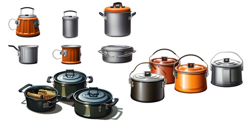 Collection of camping pot isolated on a white background as transparent PNG