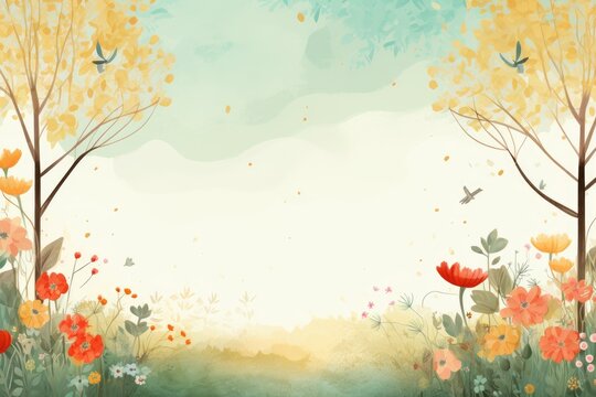 A nature walk scene with trees, birds, and flowers framing the text space