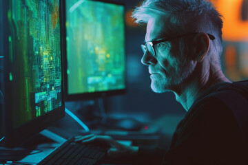 a mature man concentrating on a computer screen