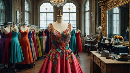 Fototapeta na wymiar Elegant Renaissance Dress on Mannequin in Fashion Studio