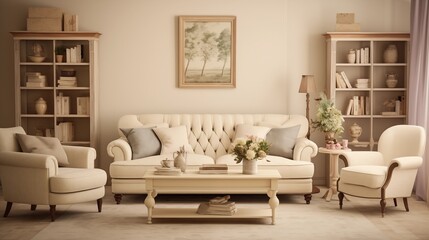Fototapeta na wymiar Vintage-inspired Living Room with Soft Cream Walls and Retro Charm Design a vintage-inspired living room with soft cream walls