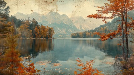 Landscape of lake mountains in autumn - vintage styles. Majestic view on turquoise water and sunny beams in the Plitvice Lakes National Park.