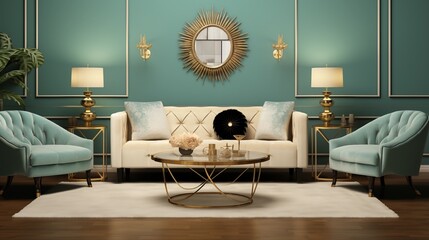 Vintage-inspired Lounge with Soft Teal Walls and Retro Glamour Design a vintage-inspired lounge with soft teal walls