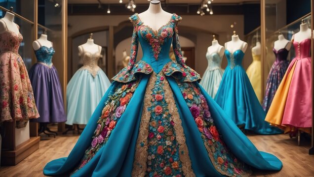 Elegant Renaissance Dress on Mannequin in Fashion Studio