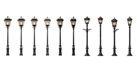 Collection of vintage street light isolated on a white background as transparent PNG