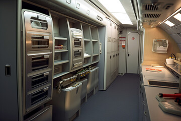a modern galley kitchen in a jet airliner with storage compartments.