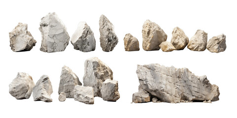 Collection of white rock isolated on a white background as transparent PNG