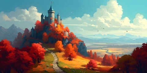 Fotobehang landscape of a medieval fantasy fortified castle and knights with colorful trees under a vast blue sky © Pablo