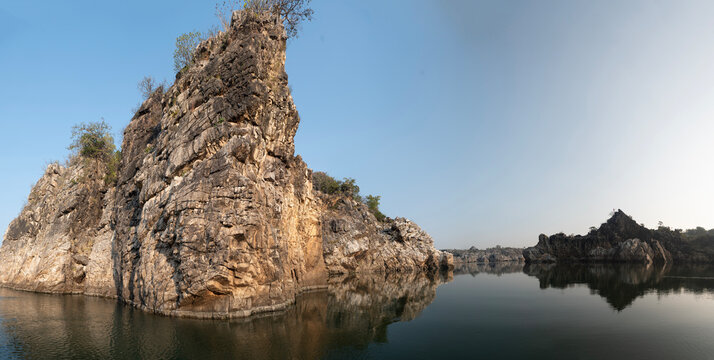  10 February 2024 Panoramic view of Big Marble Rock on the banks of Narmada River at Bhedaghat in Jabalpur Madhya Pradesh india