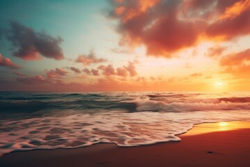 Naklejka na ściany i meble A serene beach sunset scene with text space over the horizon