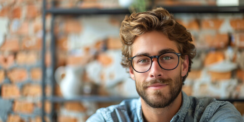 Casual Young Man with Glasses Portrait.
Relaxed young man smiling, urban backdrop. - obrazy, fototapety, plakaty