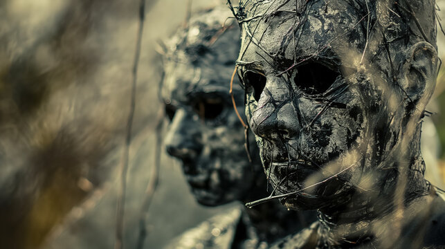Mud-covered faces with haunting expressions.