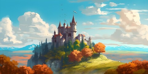 landscape of a medieval fantasy fortified castle and knights with colorful trees under a vast blue sky - obrazy, fototapety, plakaty