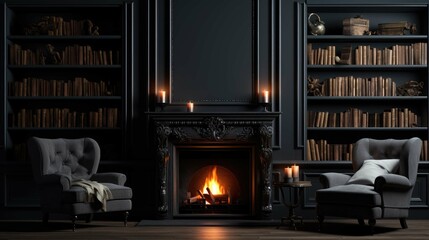 Up close view of modern black fireplace and black sofa.jpeg